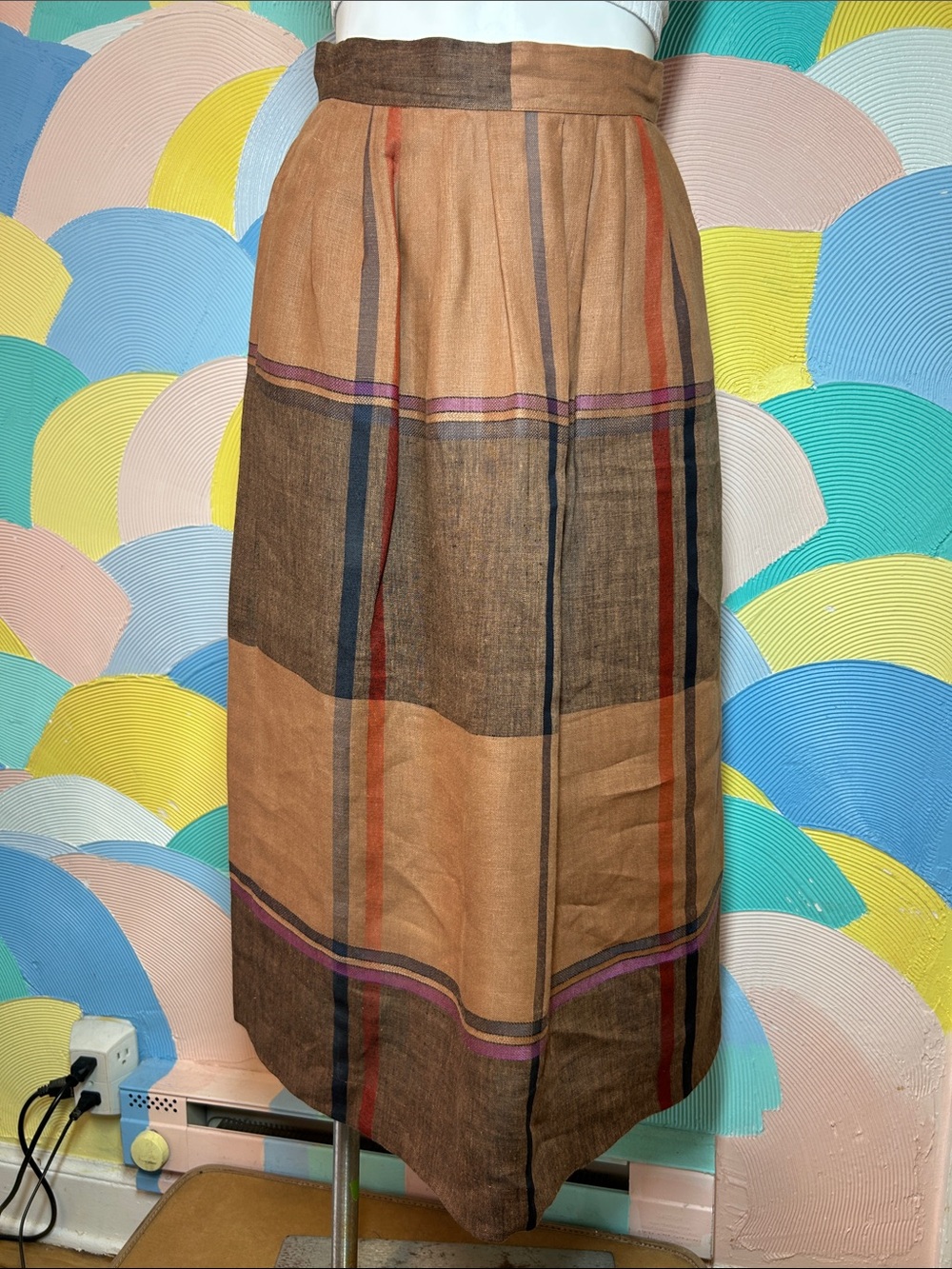 Vintage Pierre cardin Tan Plaid Midi Skirt